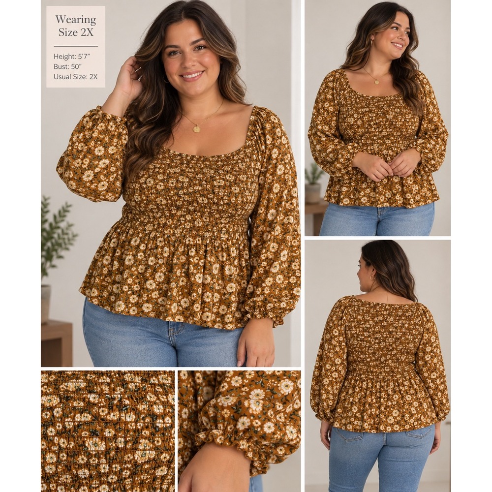 Old Navy Womens 2X Mustard Yellow Floral Smocked V-Neck Peplum Blouse Top